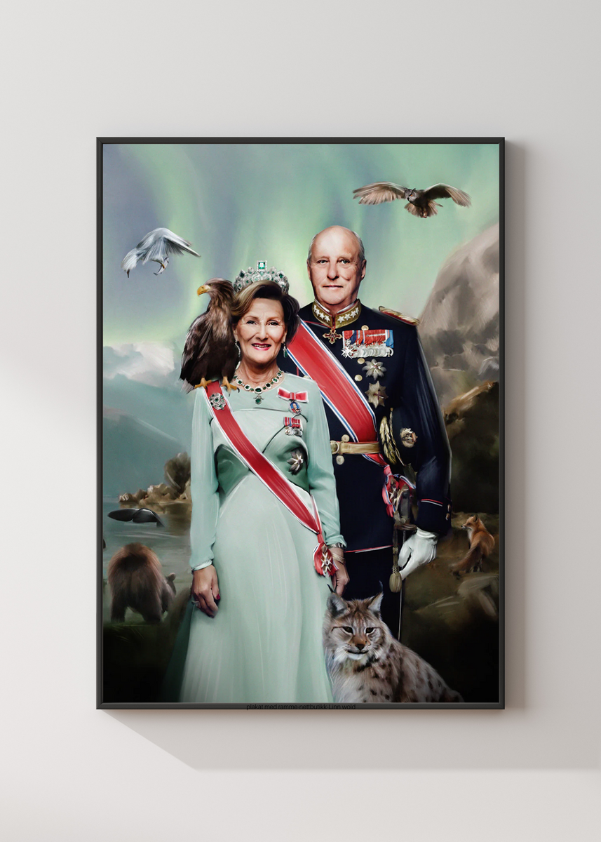 bilde-av-kongeparet-sonja-og-harald-plakat-tegnet-av-norske-linn
