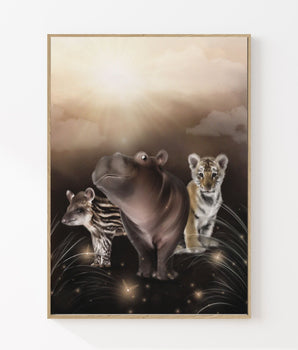 Plakat til barnerom med dyr fra jungelen. En flodhest og tiger som babyer.